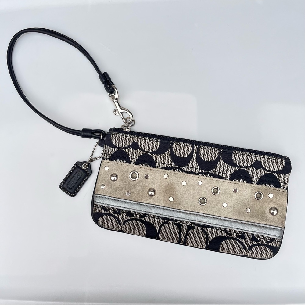 Large Coach Wristlet Signature Black/Gray with Stud Embellishment